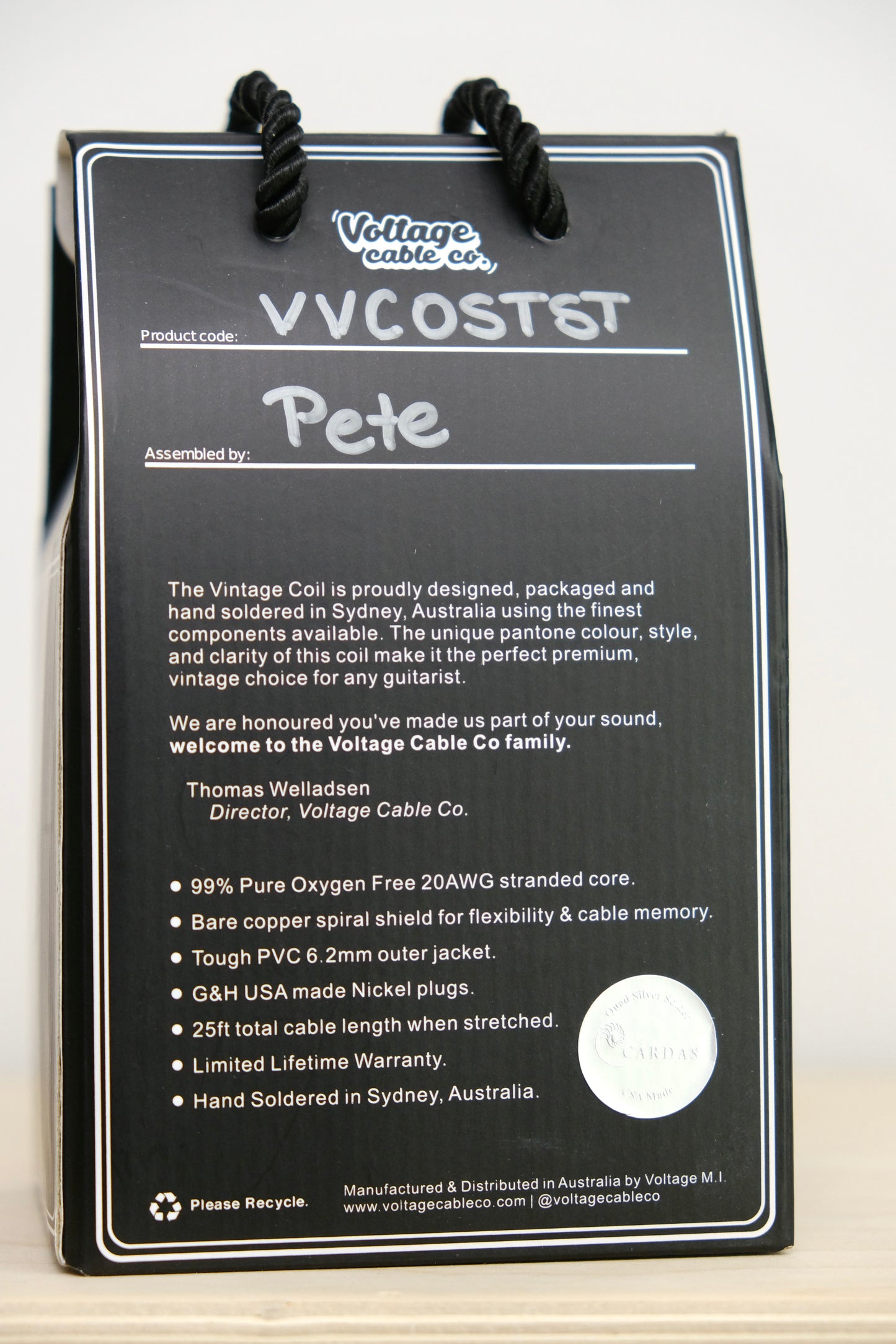 Voltage Cable Co. Vintage Coil Instrument Cable 25' - Orange Straight to Straight Plugs