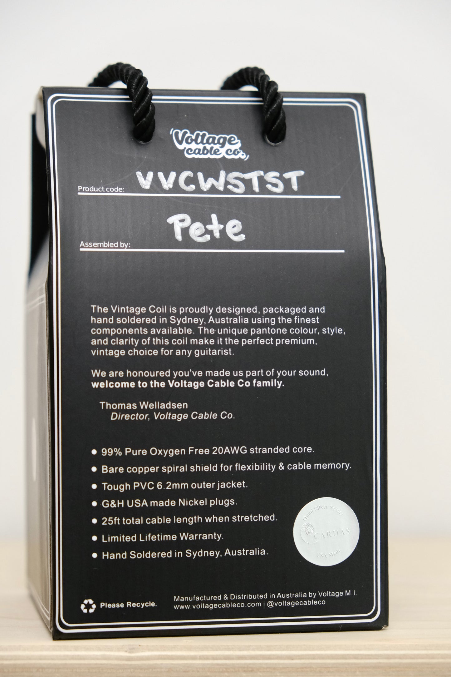 Voltage Cable Co. Vintage Coil Instrument Cable 25' - White Straight to Straight Plugs (Copy)