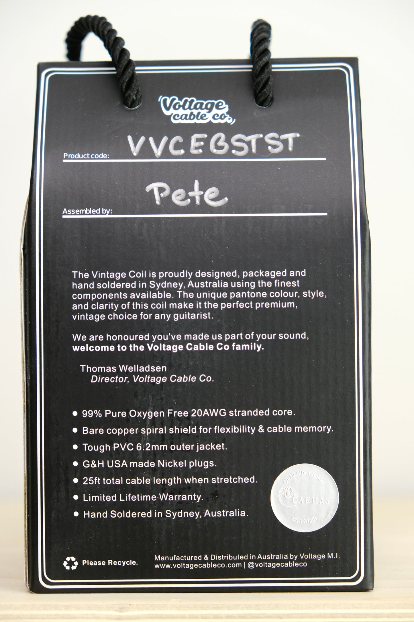 Voltage Cable Co. Vintage Coil Instrument Cable 25' - Electric Blue Straight to Straight Plugs